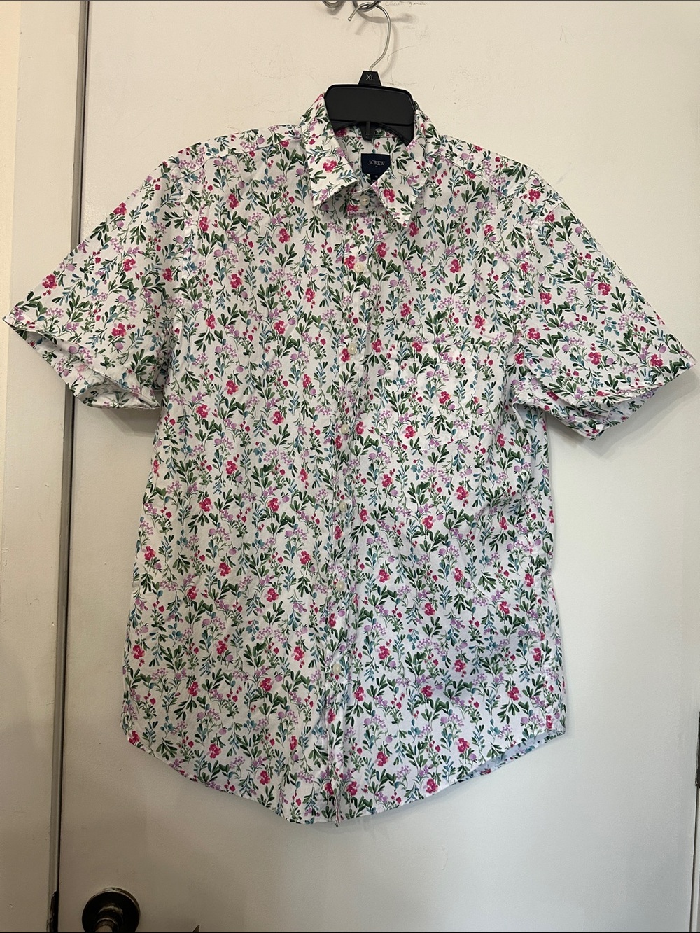 J. Crew White Short-Sleeve Button-Down Shirt with Pink Floral Print